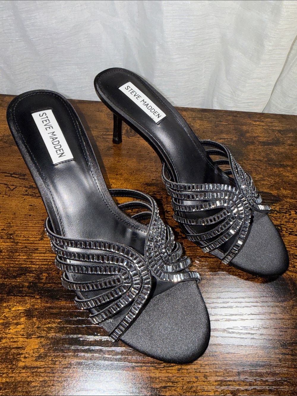 Steve Madden Black Crystal-Strap Stiletto Mules